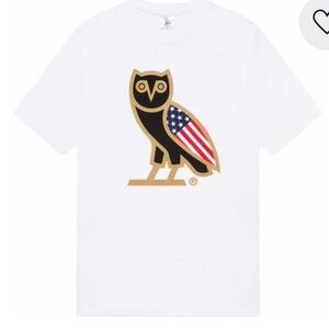 OVO White Tee with Gold and Black Owl Graphic
